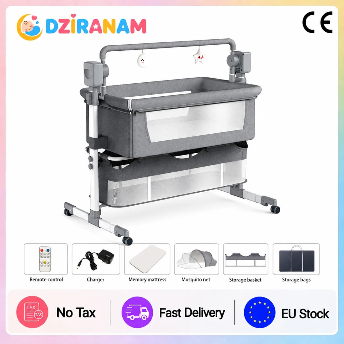 Electric Baby Cradle Smart Five Speed Rocking with Remote Control Music Timing and Adjustable Height Automatic Baby Rocker Baby Bassinet for Newborn Infant Bedside Nursery Soothing Night Care with Storage and Mosquito Net