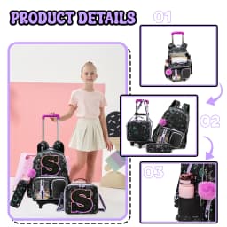 Backpack with Wheels for Girls Rolling Backpack Cute Carry on Backpack Kids Luggage with Lunch Box Pencil Case for Student
