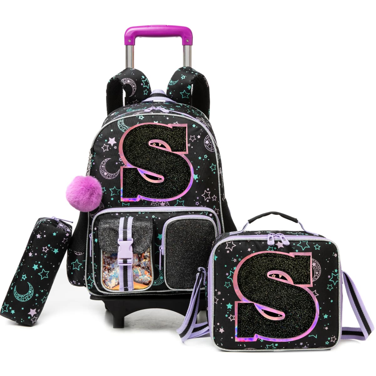 Backpack with Wheels for Girls Rolling Backpack Cute Carry on Backpack Kids Luggage with Lunch Box Pencil Case for Student