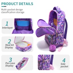 3PCS Kids Travel Bag, Luggage Bag, Bookbag, With Lunch Box And Pen Bag, Cute Cartoon Purple Unicorn Sequin, Nighttime Reflective