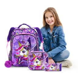 3PCS Kids Travel Bag, Luggage Bag, Bookbag, With Lunch Box And Pen Bag, Cute Cartoon Purple Unicorn Sequin, Nighttime Reflective