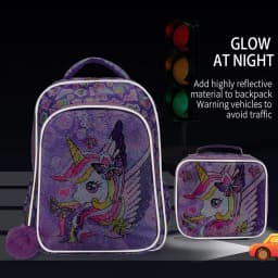 3PCS Kids Travel Bag, Luggage Bag, Bookbag, With Lunch Box And Pen Bag, Cute Cartoon Purple Unicorn Sequin, Nighttime Reflective