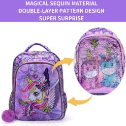 3PCS Kids Travel Bag, Luggage Bag, Bookbag, With Lunch Box And Pen Bag, Cute Cartoon Purple Unicorn Sequin, Nighttime Reflective
