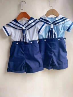 Boy Girls Sailor Suit Short White Uniform Striped Tie Set Dress Classic Retro Cotton Linen Siblings Outfit Birthday Clothing