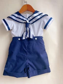 Boy Girls Sailor Suit Short White Uniform Striped Tie Set Dress Classic Retro Cotton Linen Siblings Outfit Birthday Clothing