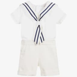 Boy Girls Sailor Suit Short White Uniform Striped Tie Set Dress Classic Retro Cotton Linen Siblings Outfit Birthday Clothing