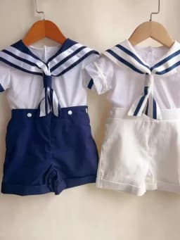 Boy Girls Sailor Suit Short White Uniform Striped Tie Set Dress Classic Retro Cotton Linen Siblings Outfit Birthday Clothing