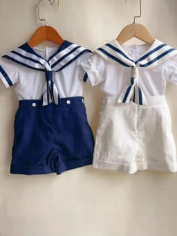 Boy Girls Sailor Suit Short White Uniform Striped Tie Set Dress Classic Retro Cotton Linen Siblings Outfit Birthday Clothing