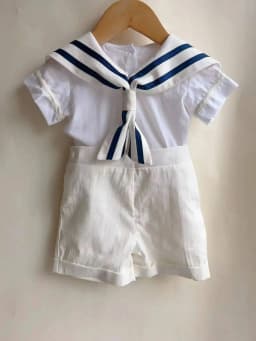 Boy Girls Sailor Suit Short White Uniform Striped Tie Set Dress Classic Retro Cotton Linen Siblings Outfit Birthday Clothing