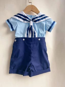 Boy Girls Sailor Suit Short White Uniform Striped Tie Set Dress Classic Retro Cotton Linen Siblings Outfit Birthday Clothing