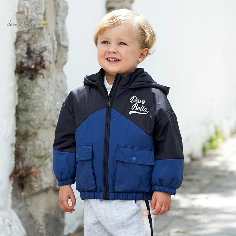 Dave Bella Autumn Winter Children Jacket Boys Warm Thicken Hooded Navy Blue Jackets Coat Kids Clothes Outerwear DB3241970