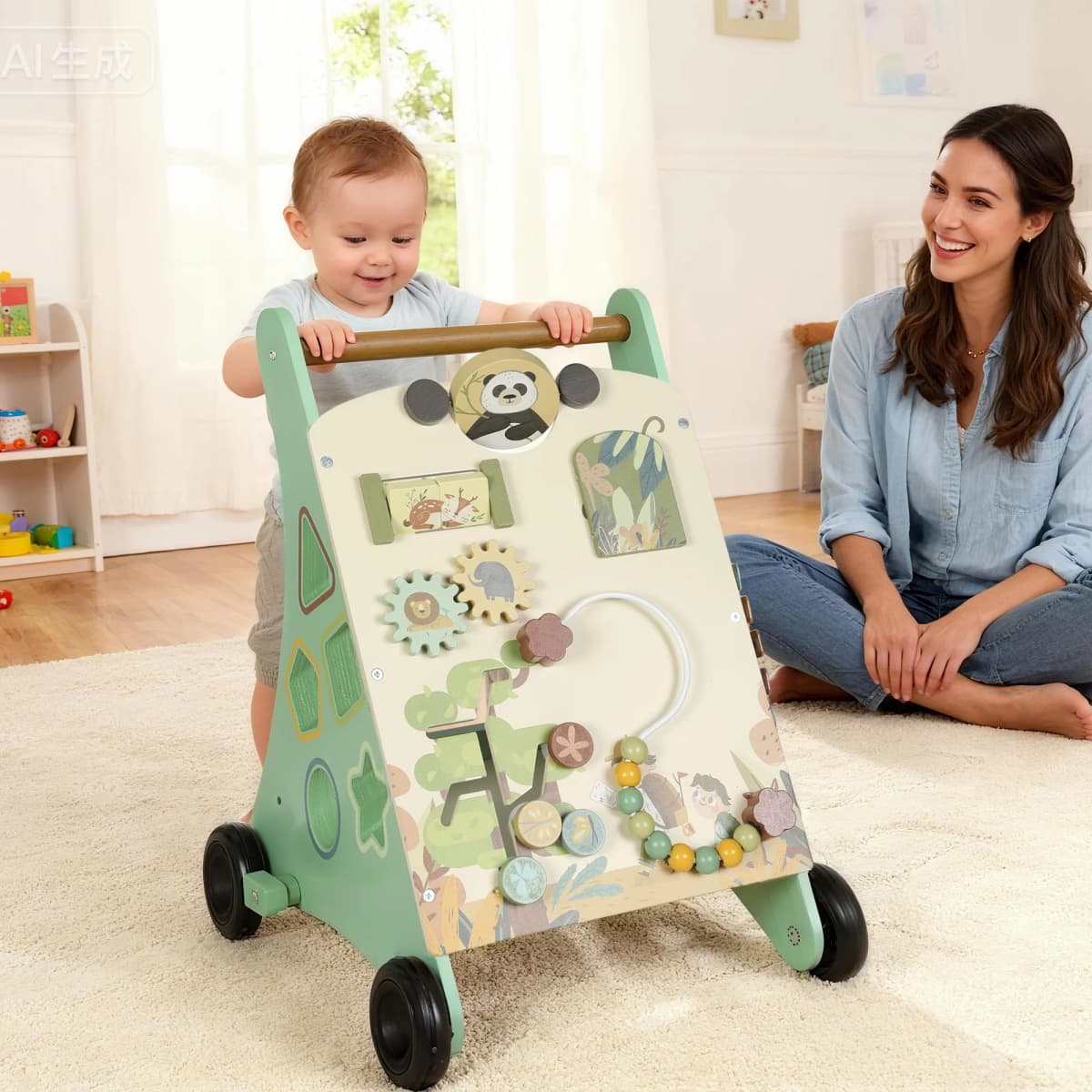 Aiyaplay Wooden Baby Walker Speed Control Xylophone Gears Maze Beads Montessori Activity Center Green