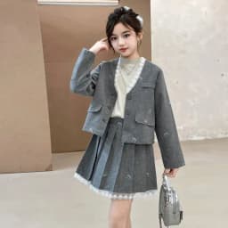 Junior Girl JK School Uniform Set Unique Formal Chain Smart Jackets and Pleated Skirt 2Pcs School Kids Child Uniform Blazer Suit