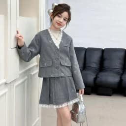 Junior Girl JK School Uniform Set Unique Formal Chain Smart Jackets and Pleated Skirt 2Pcs School Kids Child Uniform Blazer Suit