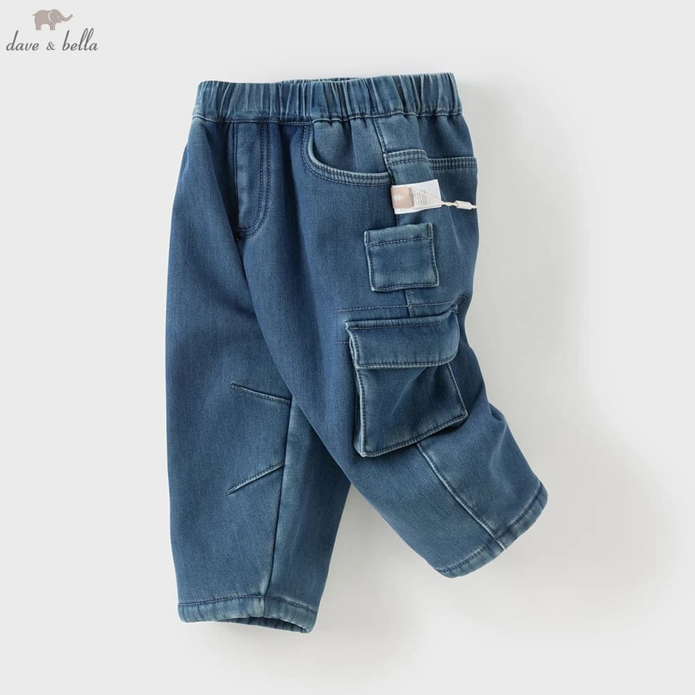 Dave Bella Children's Cargo Jean Pants Winter Autumn Velvet Thicken Boys Cowboy Straight Pants Casual Warm Trousers DB4253806