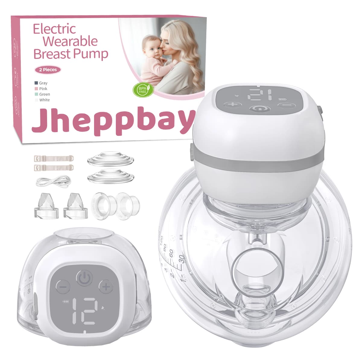2pcs Electric Breast Pump Handsfree BPA Free 12 Levels & 3 Modes Upgrade Wearable Breastfeeding Pump with 19/24/27mm Flange