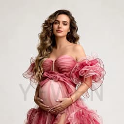 Elegant Maternity Dress Rose Tulle Off-Shoulder Ruffled Sleeve Maternity Dress with High Slit Pregnant Photo Session YW2603062D