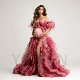Elegant Maternity Dress Rose Tulle Off-Shoulder Ruffled Sleeve Maternity Dress with High Slit Pregnant Photo Session YW2603062D