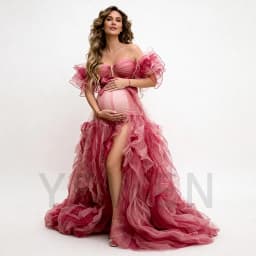 Elegant Maternity Dress Rose Tulle Off-Shoulder Ruffled Sleeve Maternity Dress with High Slit Pregnant Photo Session YW2603062D