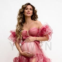 Elegant Maternity Dress Rose Tulle Off-Shoulder Ruffled Sleeve Maternity Dress with High Slit Pregnant Photo Session YW2603062D