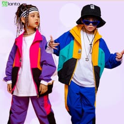 LOlanta 2Pcs Boys' Girls' Color Block Jacket Track Pants Sets Hip Hop Dance Patchwork Clothes Unisex Streetwear 5-16Years