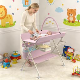Folding and Mobile baby changing Table with casters and waterproof mattress, adjustable height, large Storage space, Stable Structure, up to 15 kg-gray/green/pink/cream