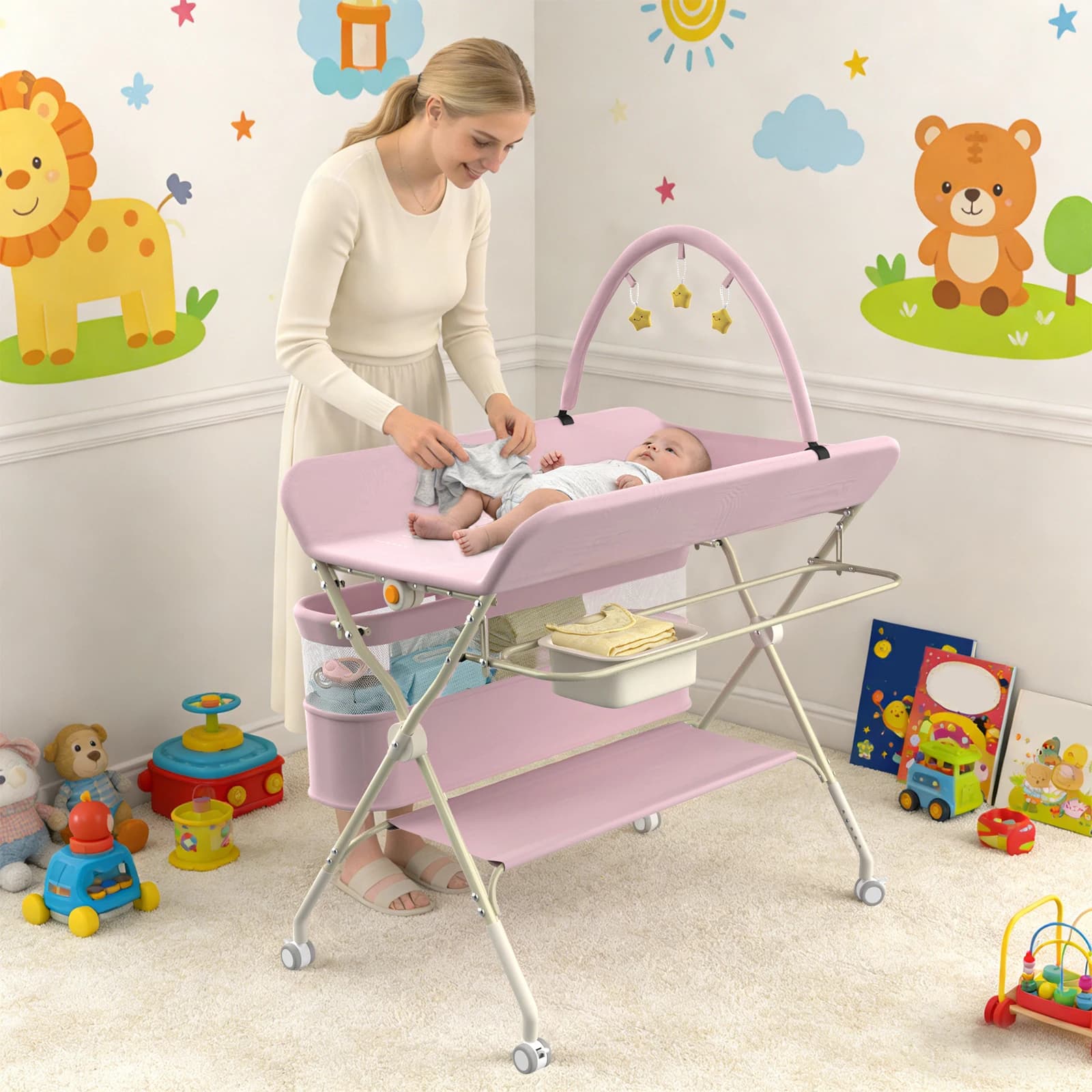 Folding and Mobile baby changing Table with casters and waterproof mattress, adjustable height, large Storage space, Stable Structure, up to 15 kg-gray/green/pink/cream