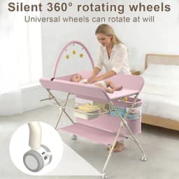 Folding and Mobile baby changing Table with casters and waterproof mattress, adjustable height, large Storage space, Stable Structure, up to 15 kg-gray/green/pink/cream