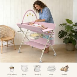 Folding and Mobile baby changing Table with casters and waterproof mattress, adjustable height, large Storage space, Stable Structure, up to 15 kg-gray/green/pink/cream
