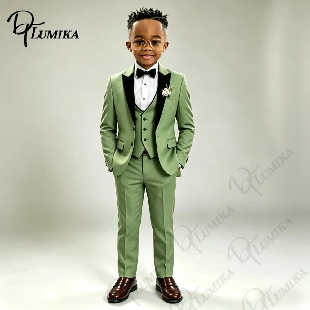 Formal Green Boys Peak Lapel Blazer Suit Vest Pants with Bowtie Tie 2026 Kids Formal Tuxedo for Wedding Party Stage Prom Dress