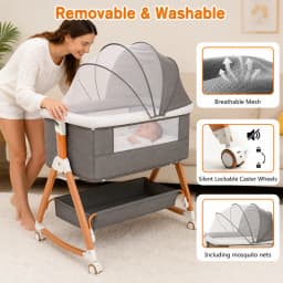 Baby Bassinet Bedside Sleeper with Diaper Changing Table, 3-in-1 Portable Baby Crib, Adjustable Height Cradle with Wheels