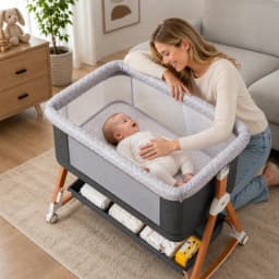 Baby Bassinet Bedside Sleeper with Diaper Changing Table, 3-in-1 Portable Baby Crib, Adjustable Height Cradle with Wheels
