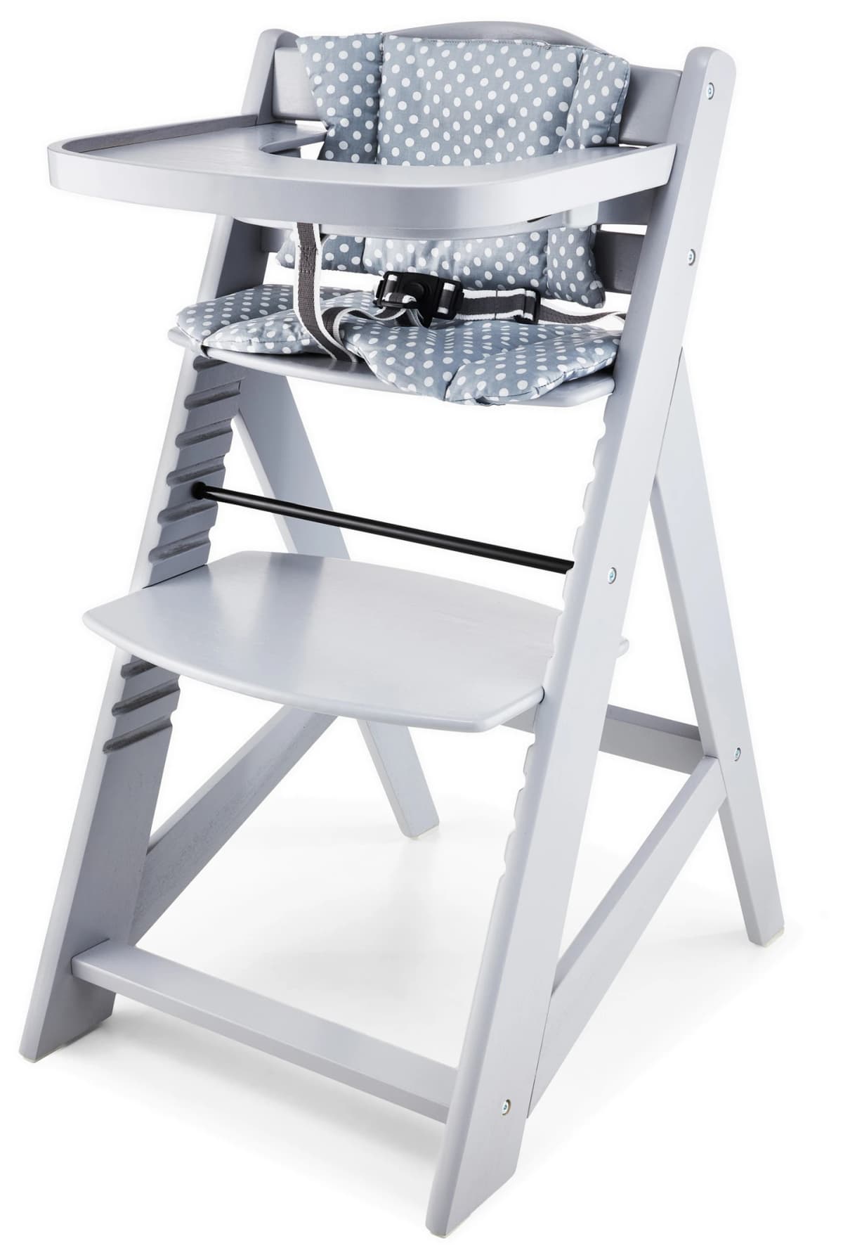 Moby-System Wooden Woody Adjustable High Chair for Children from 6 Months with Tray and Cushions Gray