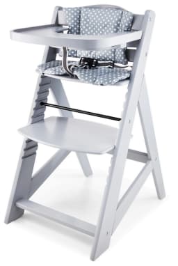 Moby-System Wooden Woody Adjustable High Chair for Children from 6 Months with Tray and Cushions Gray
