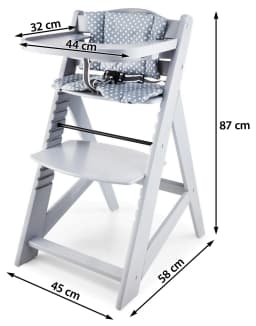 Moby-System Wooden Woody Adjustable High Chair for Children from 6 Months with Tray and Cushions Gray