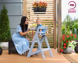 Moby-System Wooden Woody Adjustable High Chair for Children from 6 Months with Tray and Cushions Gray