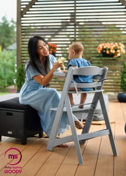 Moby-System Wooden Woody Adjustable High Chair for Children from 6 Months with Tray and Cushions Gray