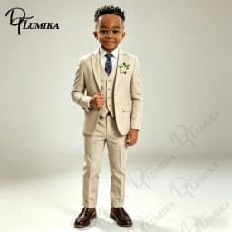 Elegant Beige Linen Boys Suit 3 PCS Set Blue Floral Tie Premium Formal Tuxedo for Wedding Ring Bearer Summer Special Occasions
