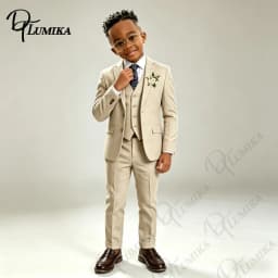 Elegant Beige Linen Boys Suit 3 PCS Set Blue Floral Tie Premium Formal Tuxedo for Wedding Ring Bearer Summer Special Occasions