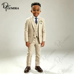 Elegant Beige Linen Boys Suit 3 PCS Set Blue Floral Tie Premium Formal Tuxedo for Wedding Ring Bearer Summer Special Occasions