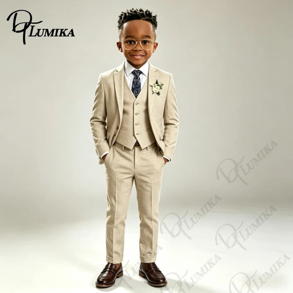 Elegant Beige Linen Boys Suit 3 PCS Set Blue Floral Tie Premium Formal Tuxedo for Wedding Ring Bearer Summer Special Occasions