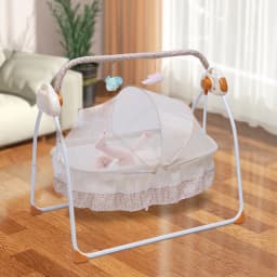 Electric Baby Cradle Intelligent Control Rocking Bluetooth Lullabies Foldable Portable 55lbs Capacity Breathable Mosquito Net