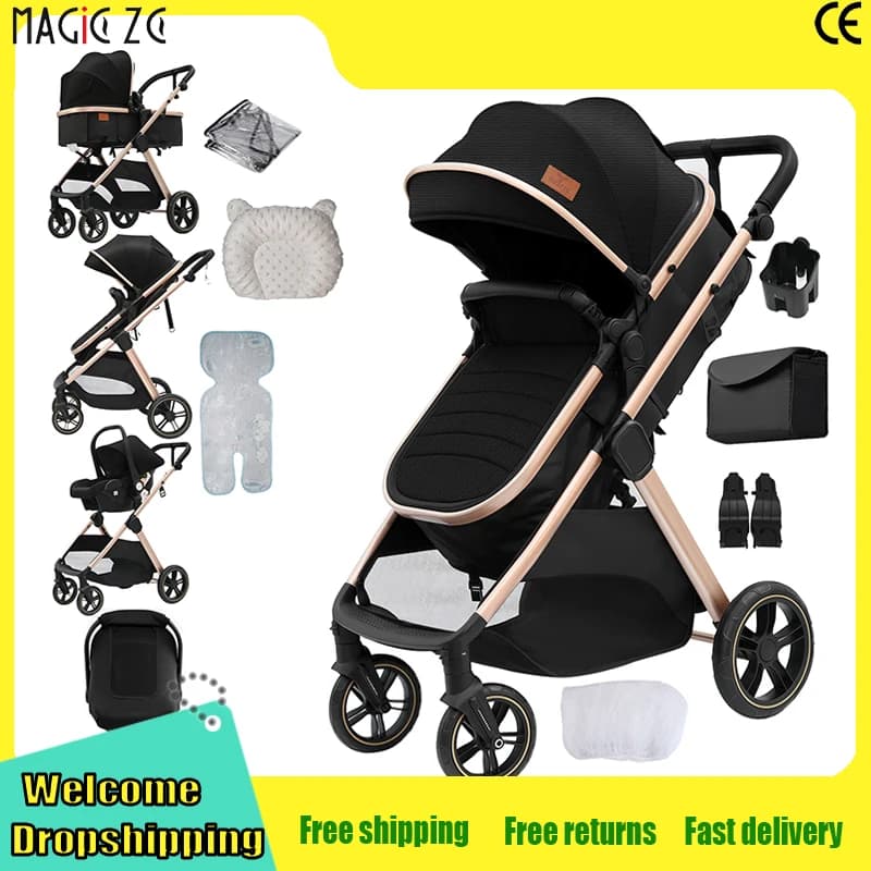 Compact 3-in-1 Stroller Travel System for Newborns Four-wheel Pushchair with Car sitting Suitable for Air Travel and Long trip Buggy EVA Large where Smooth Pushing fandable Pram shots in the Trunk Five-point new Model Carriage