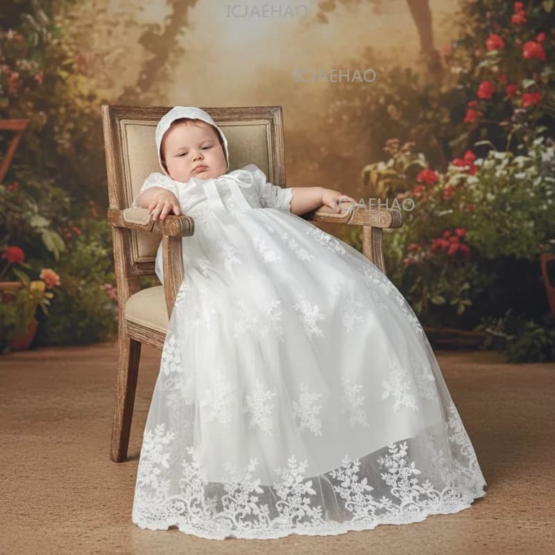 Baby Kids First Birthday Hundred Days Hat Two Piece Set Party Banquet Costume Christening Gown Children White Long Lace Dress