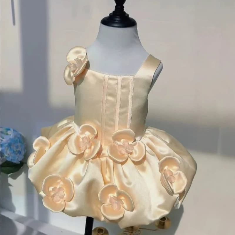 Children Girls Formal Summer Kids Sleeveless Square Neck Vest Dress Baby First Birthday Party Banquet Princess 3D Floral Gown