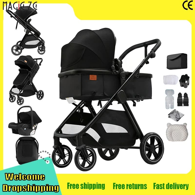 High View Stroller 3-in-1 with Car Seat Buggy Comfortable Sit and Lie Pram Foldable Newborn Travel System Lightweight Carriage
