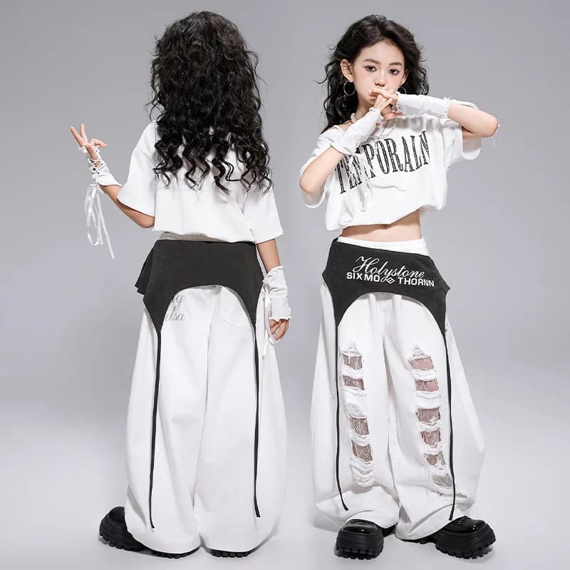 Kid Kpop Hip Hop Clothing White Letters Strap Tank Crop T Shirt Top Casual Distressed Pants for Girl Jazz Dance Costumes Clothes