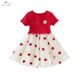 Dave Bella Children's Dress Summer New Girls Baby Gentle Cute Love Embroidery Red Mesh Princess Dress Party Outdoor DB2252324