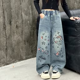 autumn junior girls cartoon wide leg jeans teenage kids towel embroidered cat denim pants Fashion child trousers 4 6 8 10 12 14