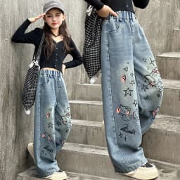 autumn junior girls cartoon wide leg jeans teenage kids towel embroidered cat denim pants Fashion child trousers 4 6 8 10 12 14